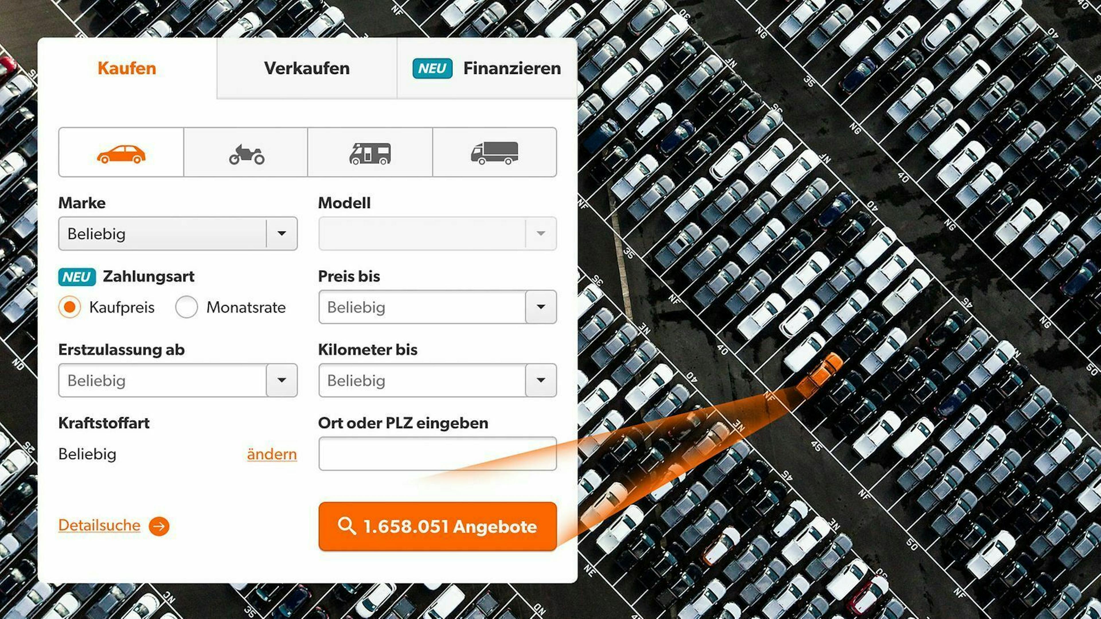 Zu sehen ist ein Screenshot der mobile.de Suchseite