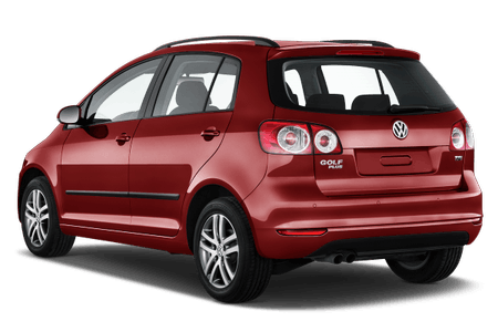 Roter Volkswagen Golf Plus, Fünftürer, seitliche Rückansicht, geparkte Position auf transparentem Hintergrund.