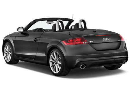 Schwarzes Audi TT Cabriolet, Heckansicht, mit geöffnetem Verdeck, geparkt. Elegant und modern, ideal für sonnige Fahrten.