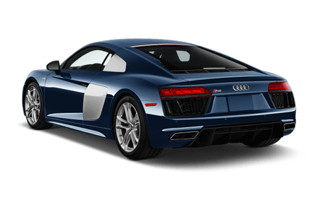 Blauer Sportwagen, Heckansicht, mit silbernen Akzenten und markantem Design. Keine sichtbaren Personen oder Umgebung.