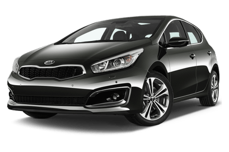 Schwarzer Kia Ceed, kompakter Fünftürer, seitliche Frontalansicht, moderne Scheinwerfer, glänzende Lackierung.