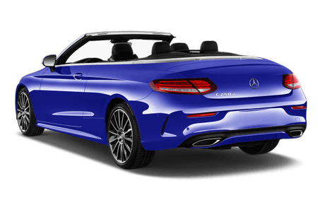 Blaues Cabriolet-Auto mit offenem Verdeck, sportlichem Design und schlanken Rücklichtern, elegant auf einer glatten, transparenten Fläche präsentiert.
