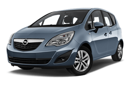 Blauer Opel Meriva, kompakter Familienwagen, Front- und Seitenansicht, auf weißem Hintergrund.