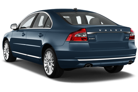 Dunkelblauer Volvo S80 Limousine, Ansicht von hinten, auf weißem Hintergrund. Fahrzeug mit glänzendem Lack und sportlichem Design.