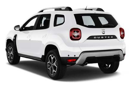 Weißer Dacia Duster SUV, Heckansicht. Das Auto hat ein modernes Design, dunkle Fenster und markante Rücklichter.
