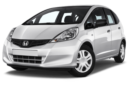 Silberner, moderner Honda Kleinwagen, Frontansicht, mit sichtbaren Scheinwerfern und Logo auf weißem Hintergrund.