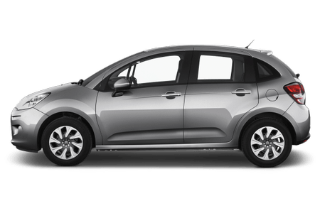 Silberner Kompaktwagen, Seitenansicht, mit fünf Türen und modernen Scheinwerfern.