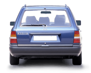 Klassischer blauer Kombi der Marke Mercedes-Benz, Heckansicht. Sichtbar: Rückleuchten, Emblem und Dachträger.