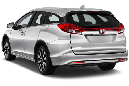 Silberner Honda-Kombi, Rückansicht, stehend, tagsüber fotografiert. Design betont die klare Linienführung und moderne Form.