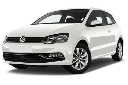 Weißer Volkswagen Polo, Dreitürer, schräg von vorne fotografiert, auf transparentem Hintergrund.