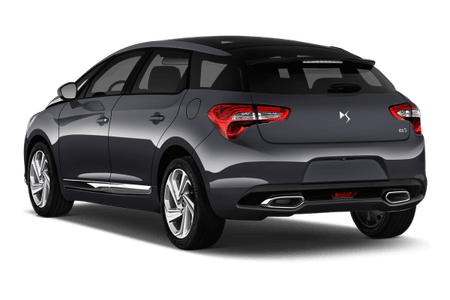 Dunkelgrauer Citroën DS5 von hinten, modernes Design, klare Heckleuchten und Doppelauspuff.