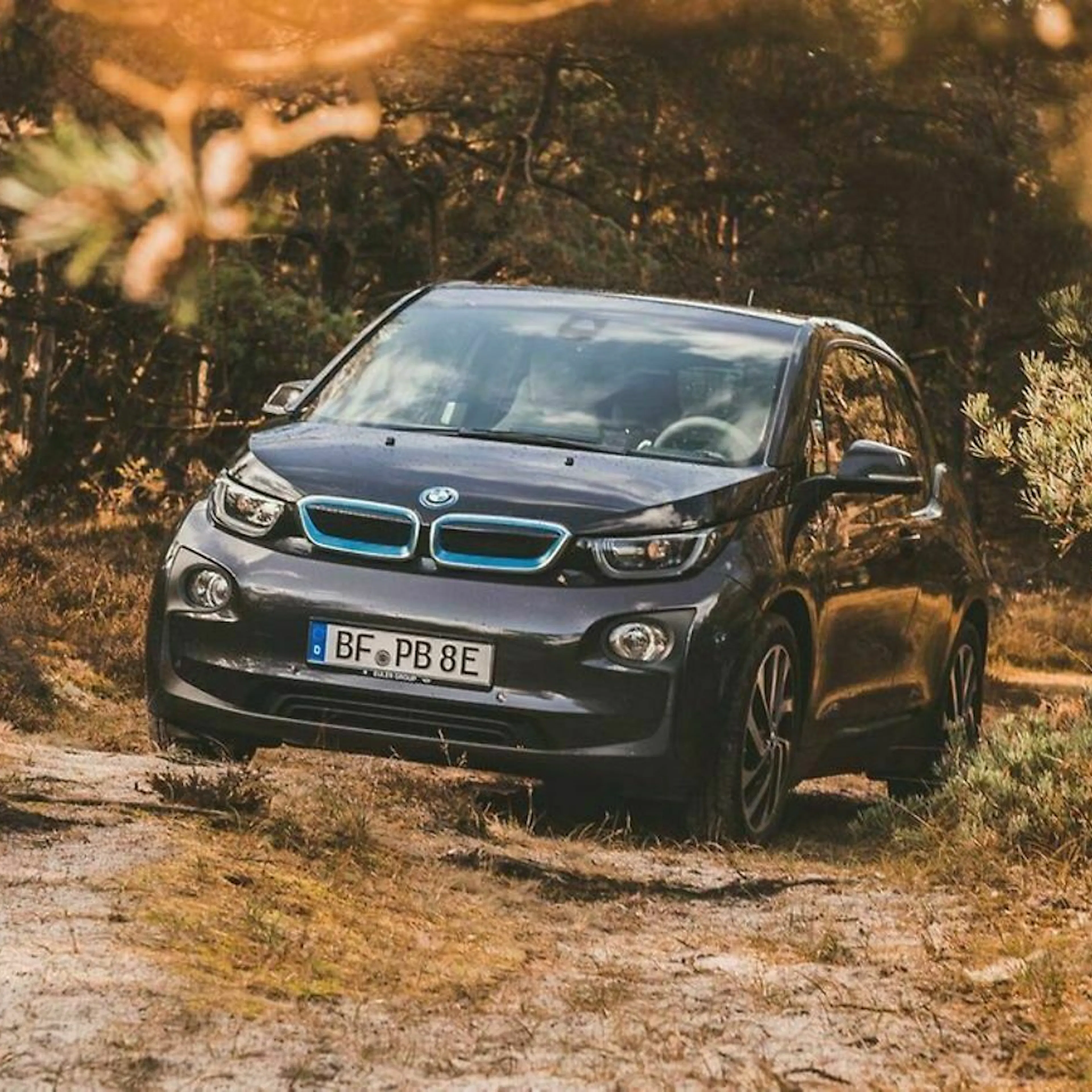 Ein BMWi3 steht auf einem Waldweg.