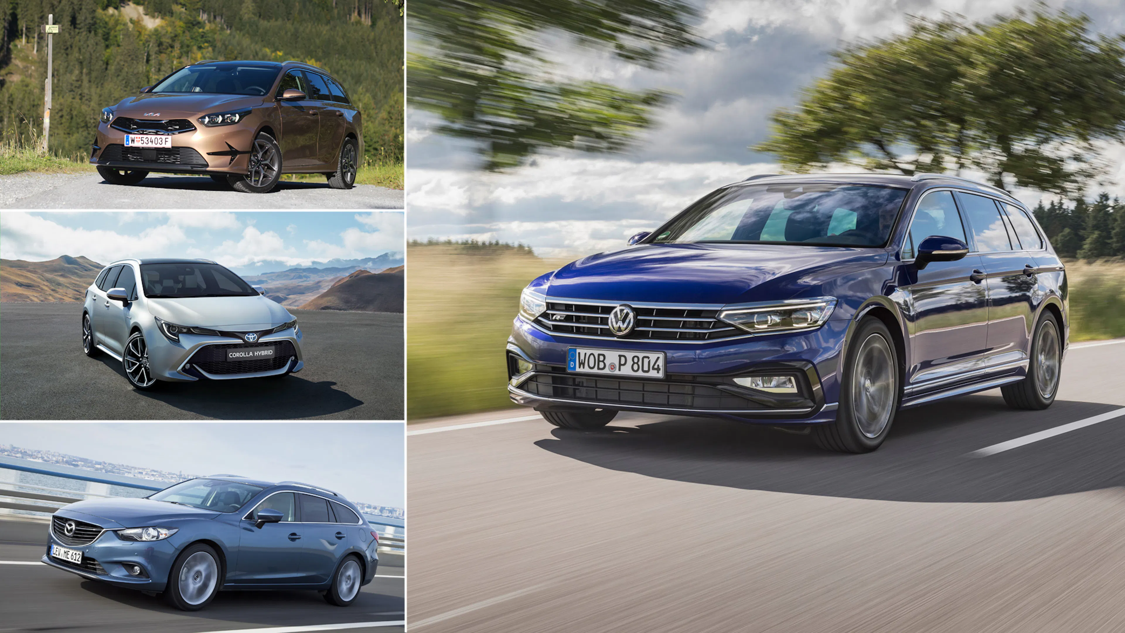 Verlässliche Kombis: Eine Collage zeigt VW Passat Variant, Mazda 6 Kombi, Toyota Corolla Touring Sports und Kia Ceed Sportswagon.