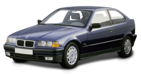 Blauer BMW E36 Compact, schräg von vorn fotografiert. Zweitüriges Auto mit klaren Fenstern und sichtbaren Rädern.