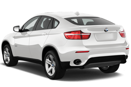Weißer BMW X6 von hinten, mit sportlichem Design und markanter Heckpartie, auf transparentem Hintergrund.