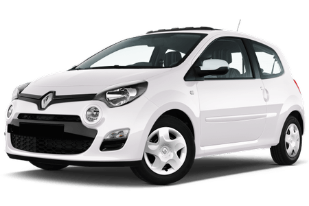 Weißer Kleinwagen der Marke Renault, Seitenansicht von vorne, auf weißem Hintergrund.