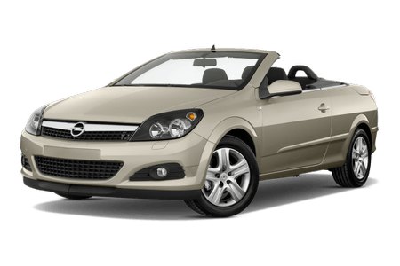 Silbernes Cabriolet-Auto, schräg von vorne fotografiert, mit offenem Dach und schwarzen Sitzen, auf weißem Hintergrund.