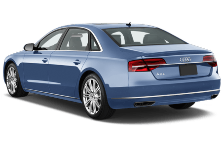 Blauer Audi A8 Limousine, Rückansicht, geparkt auf weißem Hintergrund. Elegantes Design, silberne Felgen, klare Rücklichter.