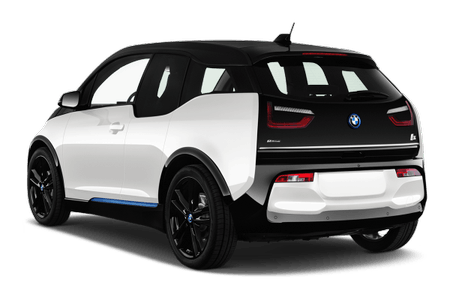 Schwarzer und weißer BMW i3 Elektroauto, Rückansicht, mit sportlichem Design und markanten Rücklichtern.