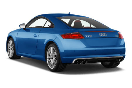Blauer Audi TT-S Coupé, Ansicht von hinten, auf transparentem Hintergrund. Sportliches Design mit Doppelauspuff und markanten Rücklichtern.