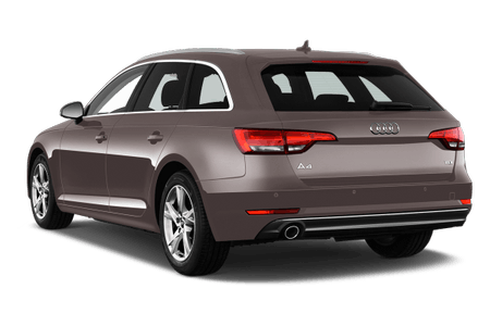 Brauner Audi A4 Kombi, Heckansicht. Fahrzeug mit silbernen Felgen und Dachreling, auf weißem Hintergrund.