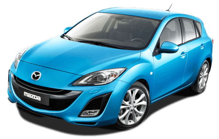 Blauer Mazda-Kompaktwagen, fünftürig, frontal leicht schräg von der Seite fotografiert, auf weißem Hintergrund.