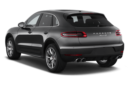 Schwarzer Porsche Macan S, Heckansicht, auf weißem Hintergrund. Luxuriöser SUV mit sportlichem Design und glänzenden Details.
