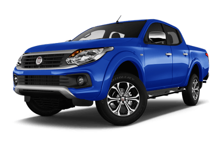 Blauer Pickup-Truck mit schwarzen Reifen, silbernen Akzenten und klarer Frontansicht auf weißem Hintergrund.