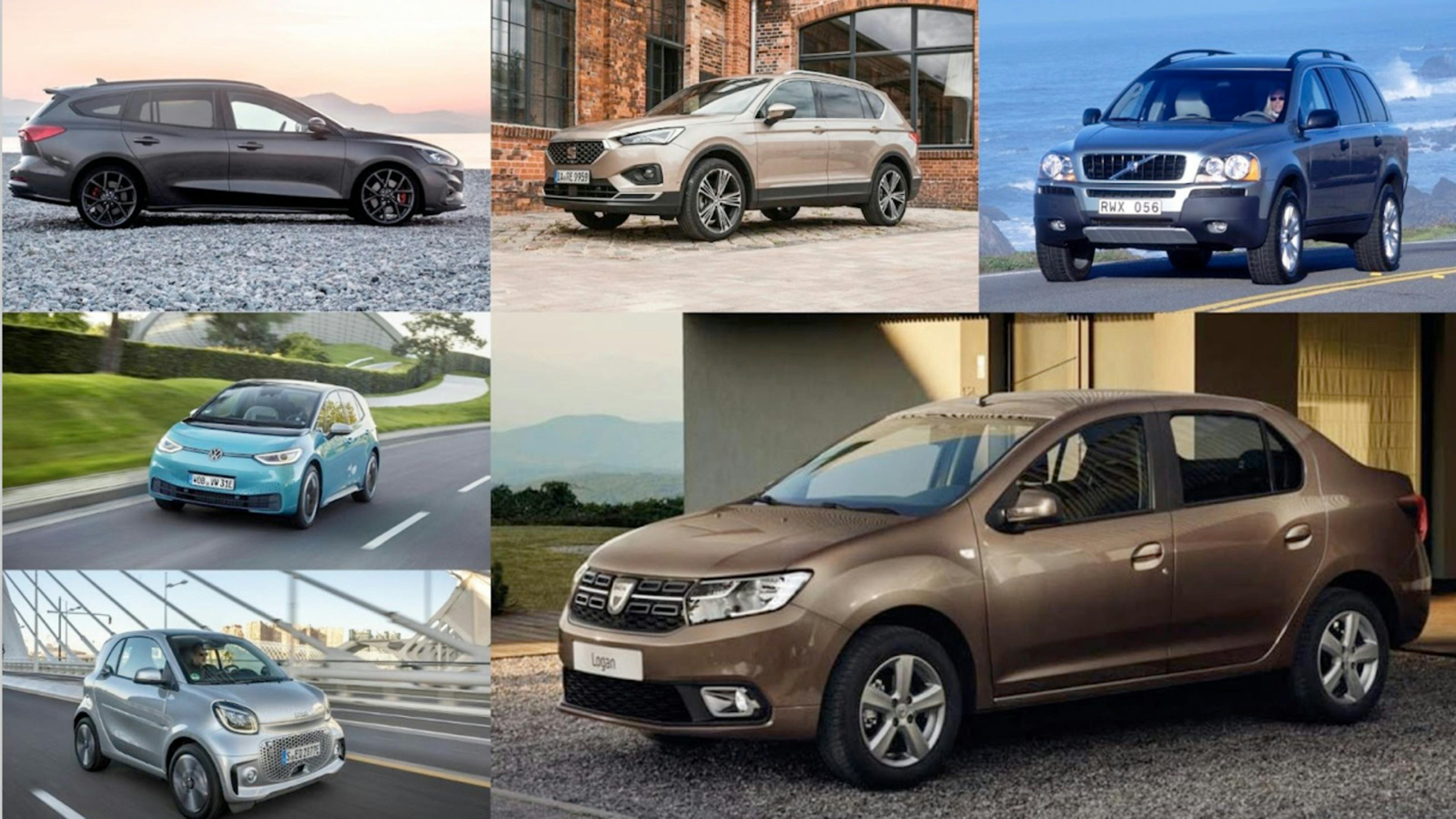 Fotomontage von sechs PKW verschiedener Hersteller in unterschiedlichen Farben