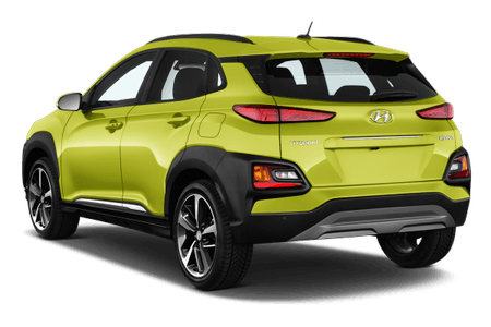 Grünes Hyundai SUV, Heckansicht. Kompaktes Design mit großen Rückleuchten und markantem Kotflügel.