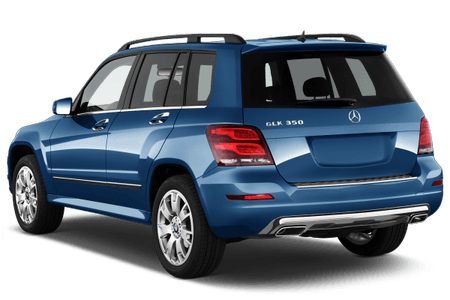 Blauer Mercedes-Benz GLK 350 von hinten, parkend, mit auffälligen Rückleuchten und Chromakzenten.