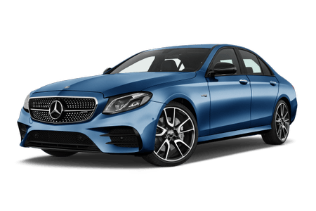 Blaue Mercedes-Benz Limousine, Vorderansicht, geparkt, auf weißem Hintergrund. Elegantes Design mit markantem Frontgrill und silbernen Felgen.