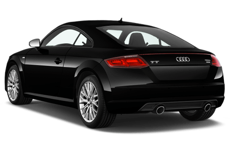 Schwarzer Audi TT Coupé, Heckansicht. Elegantes Design, aerodynamische Form, markante Rücklichter und Doppelauspuffrohre.