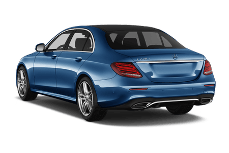 Blauer Mercedes-Benz von hinten, parkend, mit schwarzem Dach und silbernen Felgen, luxuriöse Limousine mit eleganten Linien.