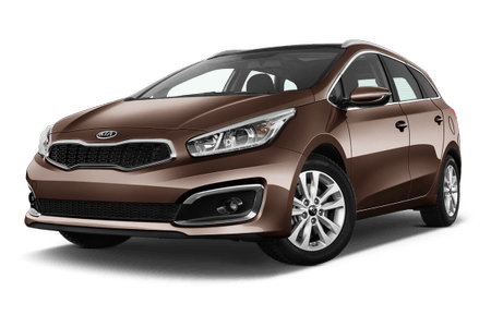 Brauner Kia cee'd Kombi, schräg von vorne fotografiert, mit glänzenden Scheinwerfern und modernen Felgen auf weißem Hintergrund.