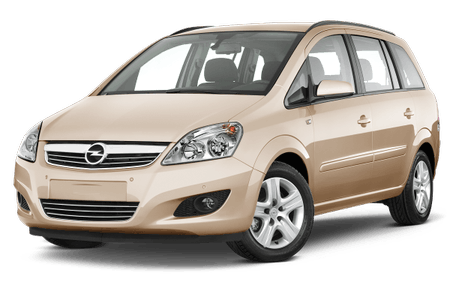 Beiger Opel Zafira Van, Vorderansicht, vor weißem Hintergrund.