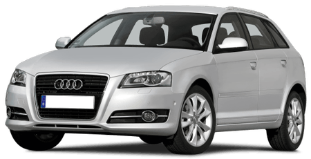 Silberner Audi A3, Ansicht von vorne links, auf einem weißen Hintergrund. Kompakter, eleganter PKW mit markantem Kühlergrill und Scheinwerfern.