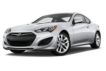 Silbernes Coupé-Auto von Hyundai, seitlich von vorn fotografiert, mit sportlichem Design und glänzenden Felgen.