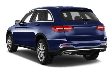 Blauer SUV mit Mercedes-Logo von hinten. LED-Rückleuchten und verchromte Details sichtbar. Fahrzeug steht auf silbernen Alufelgen.