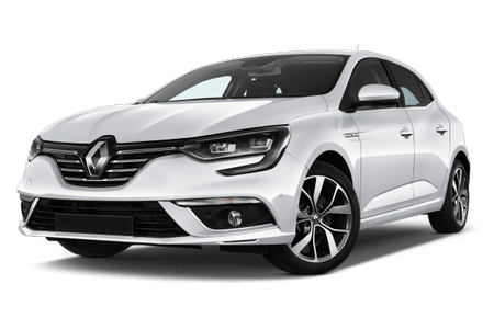 Weißer Kompaktwagen der Marke Renault mit modernem Design, LED-Scheinwerfern und sportlichen Alufelgen.