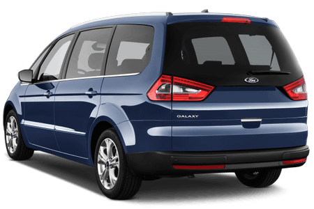 Blauer Ford Galaxy Van, Rückansicht, stehend auf weißem Hintergrund. Moderne Designlinien und rote Rücklichter sichtbar.