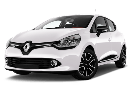 Weißer Renault Clio, schräg von vorne fotografiert, auf einem transparenten Hintergrund.