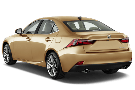 Goldener Mittelklassewagen von hinten, Parkposition, markante Rückleuchten und zwei Auspuffrohre. Moderne Limousinenform.