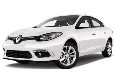 Weißer Renault Sedan, seitliche Frontansicht, auf weißem Hintergrund. Elegantes Design mit markantem Kühlergrill und modernen Scheinwerfern.