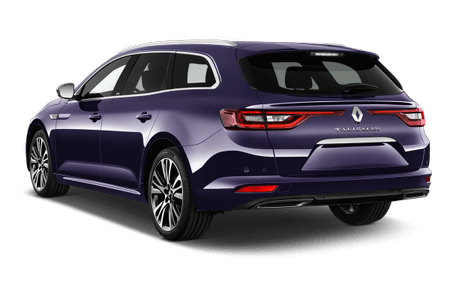 Dunkelblauer Renault Talisman Kombi, Rückansicht, auf weißem Hintergrund. Stylisches Design mit dynamischen Details.