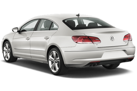 Silberner Volkswagen-Passat von hinten, geparkt auf weißem Hintergrund. Elegantes Design mit markanten Rückleuchten und Doppelauspuff.