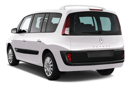 Weißer Renault Espace Minivan, Rückansicht, mit großen Fenstern und abgerundeten Ecken, geparkt auf neutralem Hintergrund.
