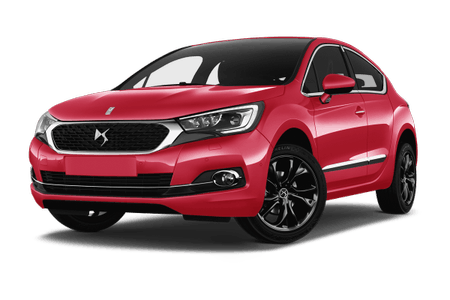 Rotes Auto mit schwarzem Dach, modernen Scheinwerfern und sportlichen Alufelgen, frontal und leicht seitlich fotografiert auf weißem Hintergrund.