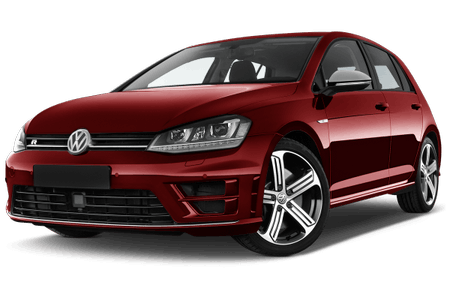 Roter Volkswagen Golf R, schräg von vorne gezeigt, mit sportlichem Design, großen Felgen und markantem Kühlergrill, auf weißem Hintergrund.