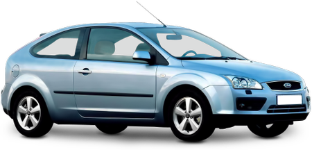 Blauer Ford-Kompaktwagen mit drei Türen, parkend auf weißem Hintergrund. Fahrzeug in seitlicher Ansicht.